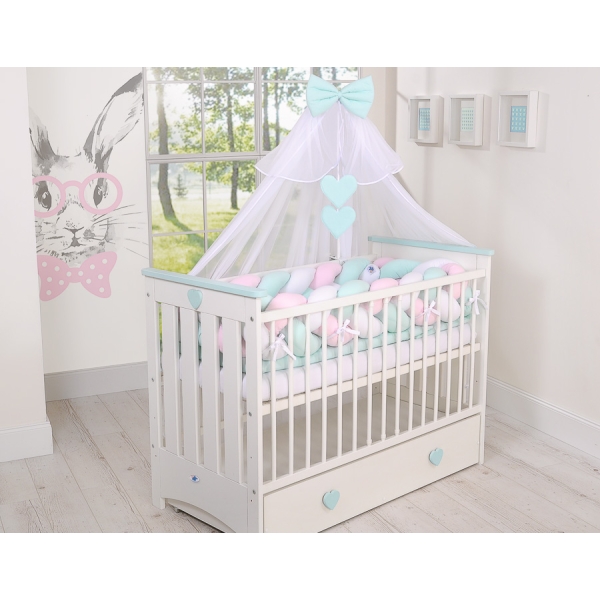Gevlochten Extra Dikke Lange Bedbumper voor Ledikant XXL 3,6 m Mint Roze Wit