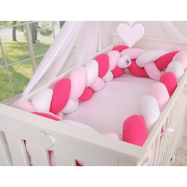 Gevlochten Extra Dikke Lange Bedbumper voor Ledikant XXL 3,6 m Roze Wit