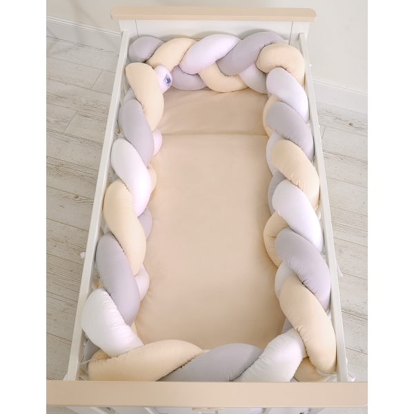 Gevlochten Extra Dikke Lange Bedbumper voor Ledikant XXL 3,6 m Wit Grijs Beige