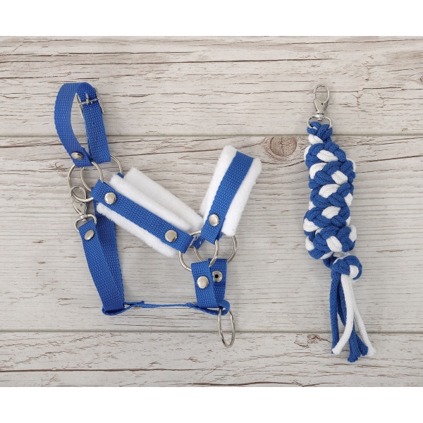 Halster A3 met wit bont en Gevlochten paardenlijn voor Stokpaard Wit Blauw