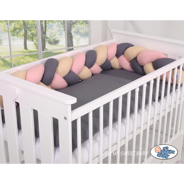 Hoofdbeschermer Gevlochten voor Ledikant 180cm  Beige Antraciet Stofroze