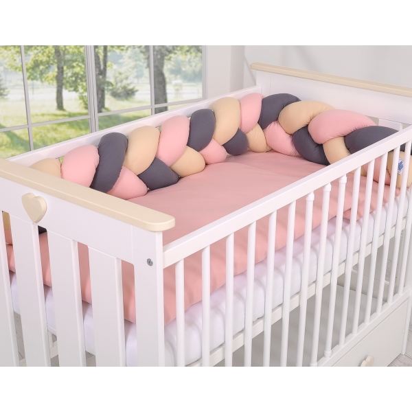 Hoofdbeschermer Gevlochten voor Ledikant 180cm  Beige Antraciet Stofroze