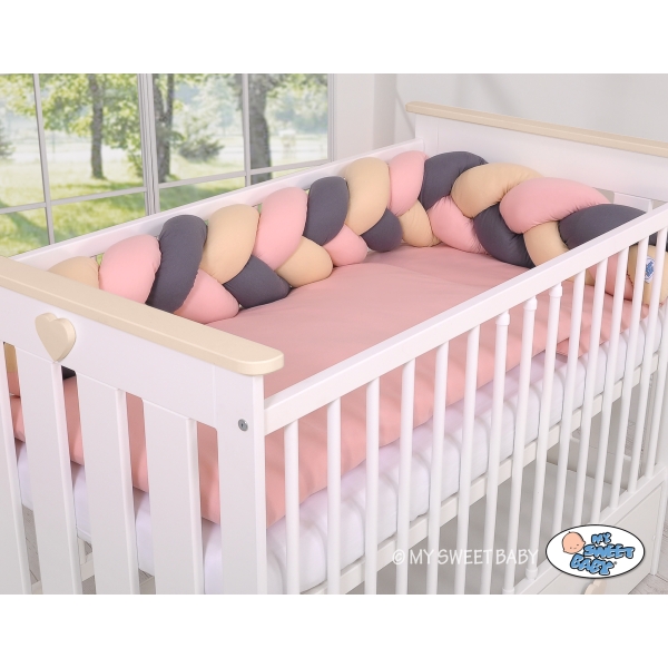 Hoofdbeschermer Gevlochten voor Ledikant 180cm  Beige Antraciet Stofroze