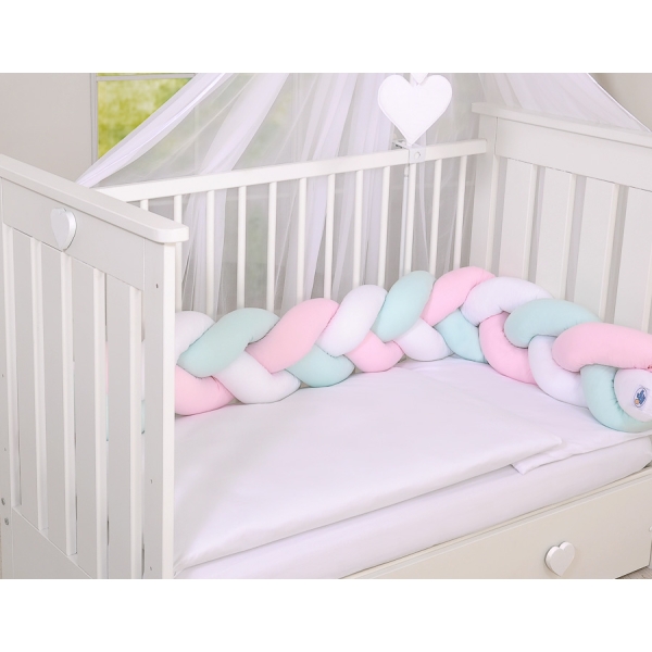 Hoofdbeschermer Gevlochten voor Ledikant 180cm  Mint Roze Wit