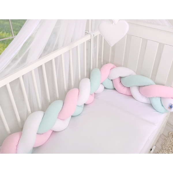 Hoofdbeschermer Gevlochten voor Ledikant 180cm  Mint Roze Wit