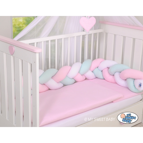 Hoofdbeschermer Gevlochten voor Ledikant 180cm  Mint Roze Wit