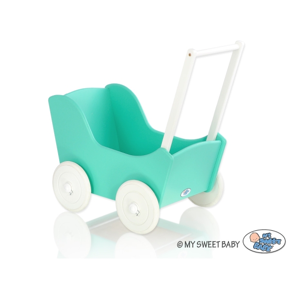 Houten Poppenwagen met Dekentje Mint Wit