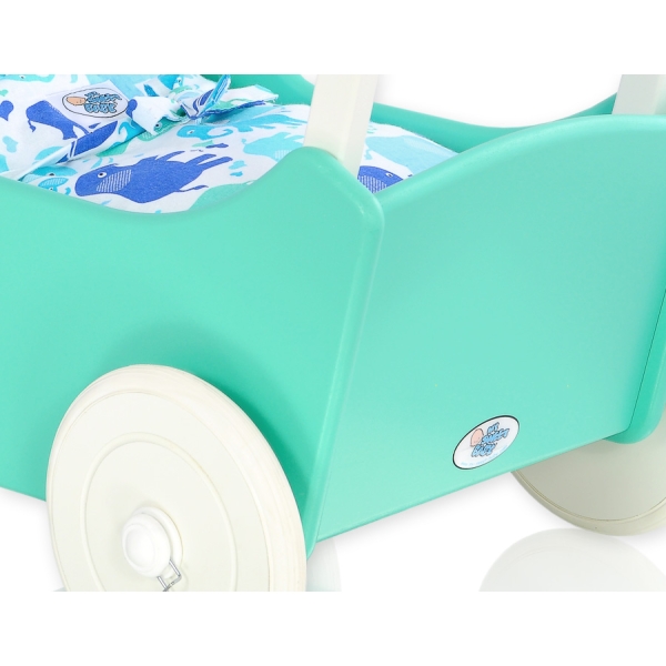 Houten Poppenwagen met Dekentje Mint Wit