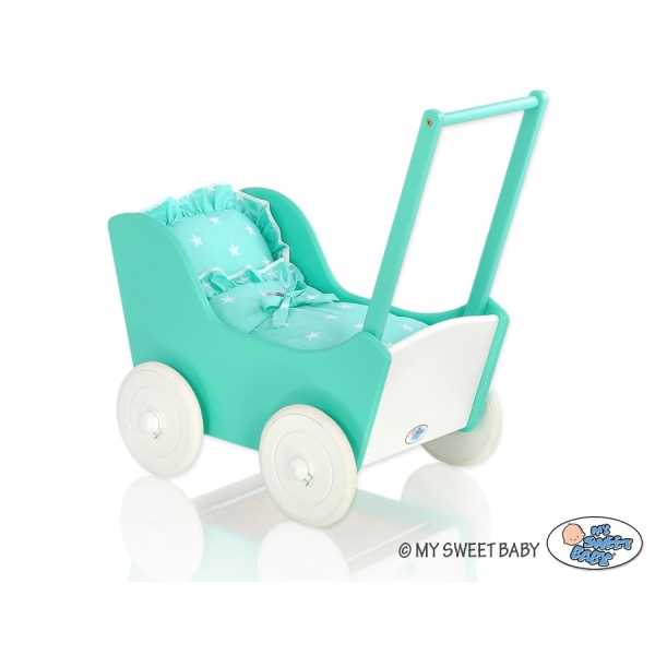 Houten Poppenwagen met Dekentje Mint Wit