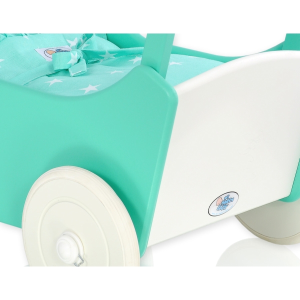 Houten Poppenwagen met Dekentje Mint Wit