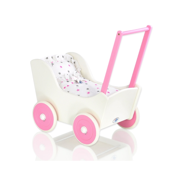 Houten Poppenwagen met Dekentje Wit