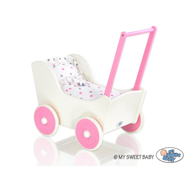 Houten Poppenwagen met Dekentje Wit
