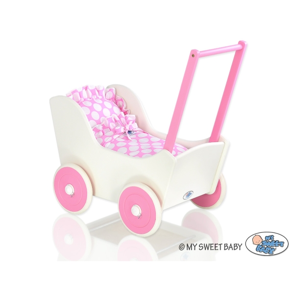 Houten Poppenwagen met Dekentje Wit