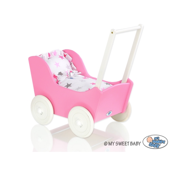 Houten Poppenwagen met Dekentje Wit