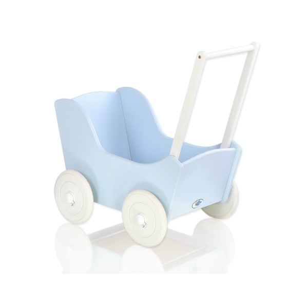 Houten Poppenwagen met Dekentje Wit Blauw
