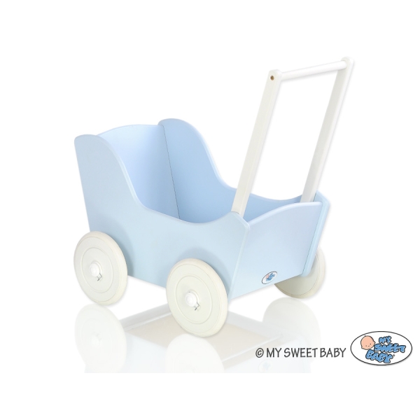 Houten Poppenwagen met Dekentje Wit Blauw