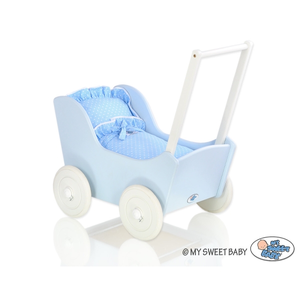 Houten Poppenwagen met Dekentje Wit Blauw