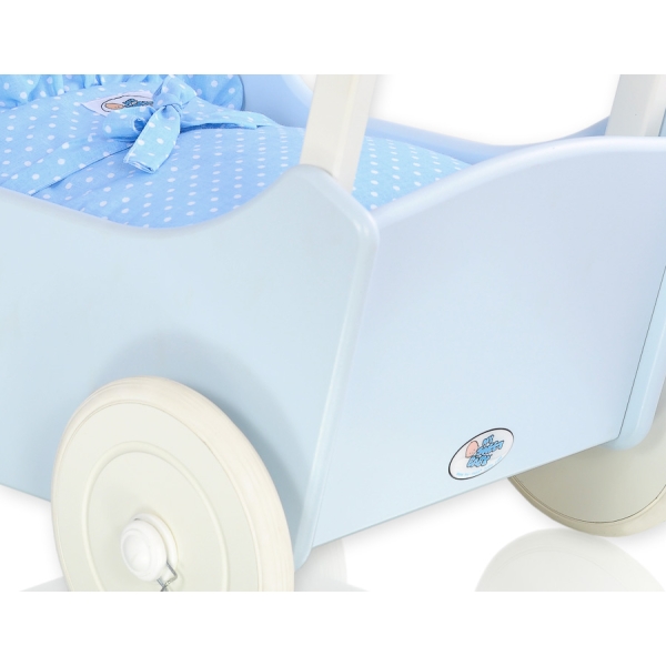 Houten Poppenwagen met Dekentje Wit Blauw
