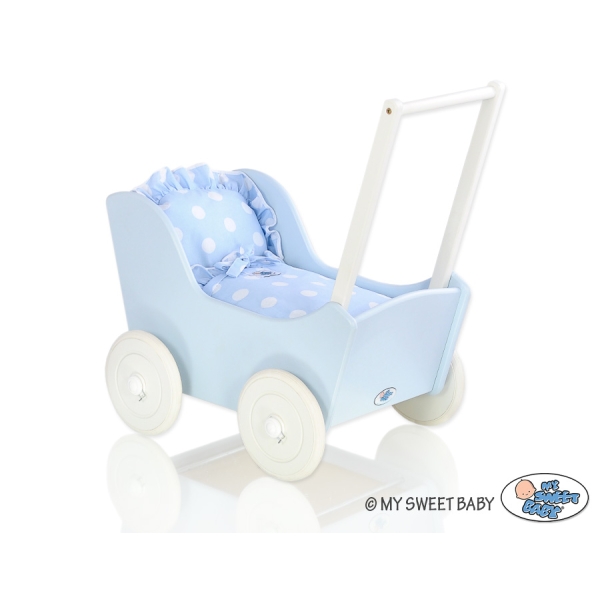 Houten Poppenwagen met Dekentje Wit Blauw