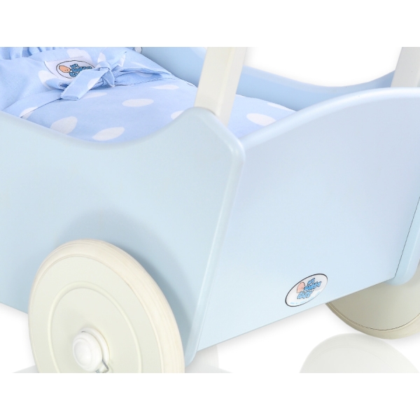 Houten Poppenwagen met Dekentje Wit Blauw
