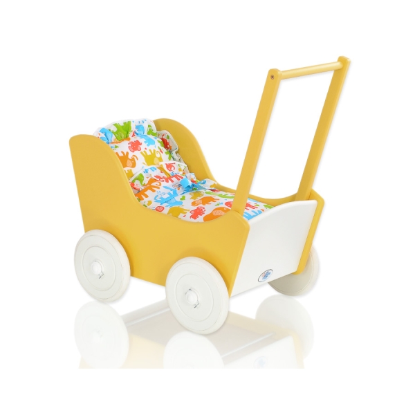 Houten Poppenwagen met Dekentje Wit Geel