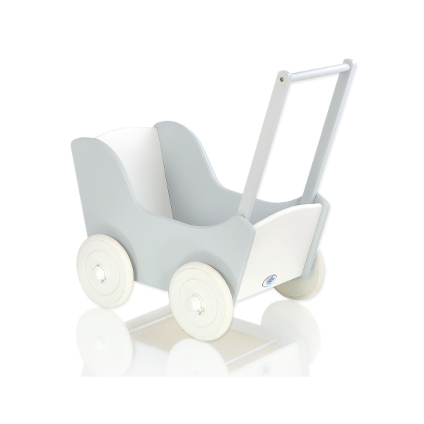 Houten Poppenwagen met Dekentje Wit Grijs