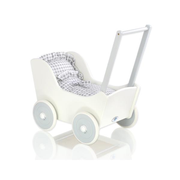 Houten Poppenwagen met Dekentje Wit Grijs