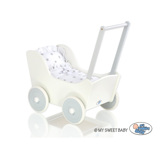 Houten Poppenwagen met Dekentje Wit Grijs