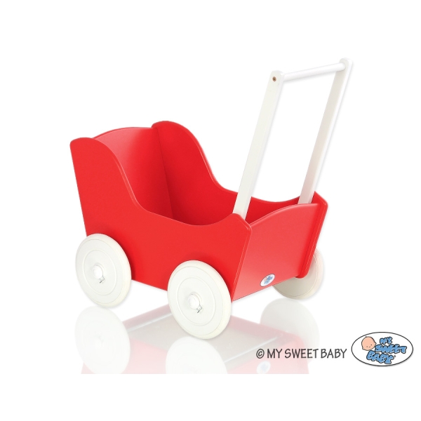 Houten Poppenwagen met Dekentje Wit Rood