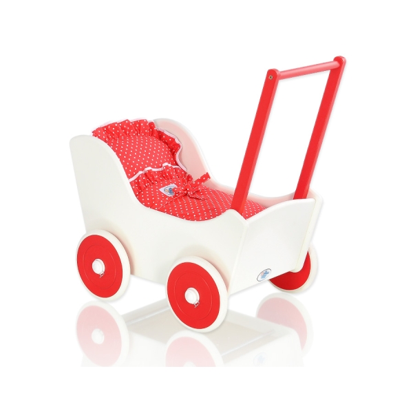 Houten Poppenwagen met Dekentje Wit Rood