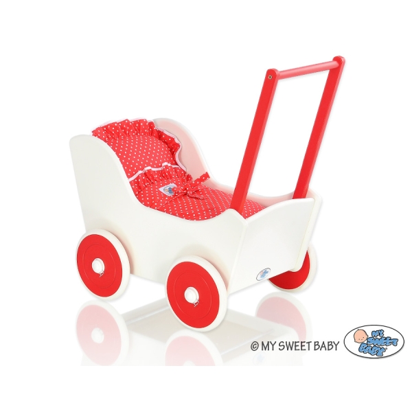 Houten Poppenwagen met Dekentje Wit Rood