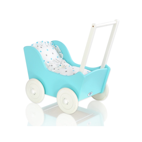 Houten Poppenwagen met Dekentje Wit Turkoois