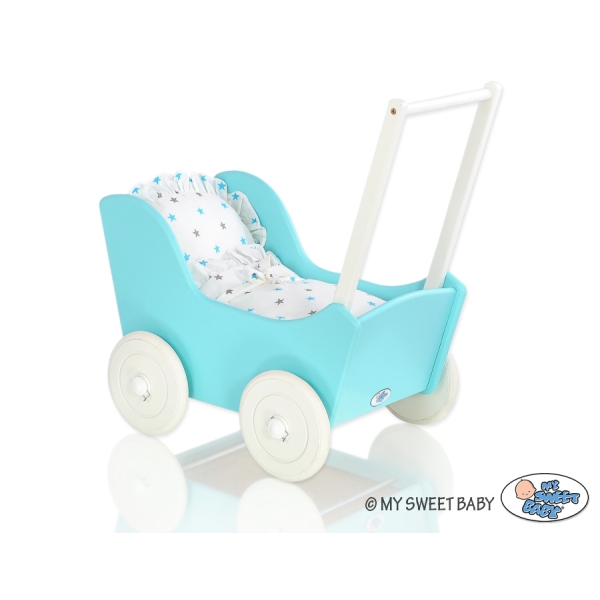 Houten Poppenwagen met Dekentje Wit Turkoois