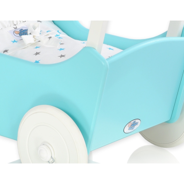 Houten Poppenwagen met Dekentje Wit Turkoois