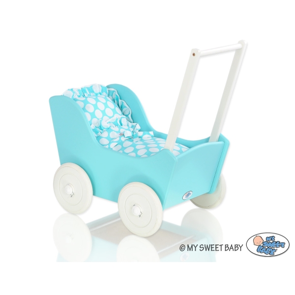 Houten Poppenwagen met Dekentje Wit Turkoois