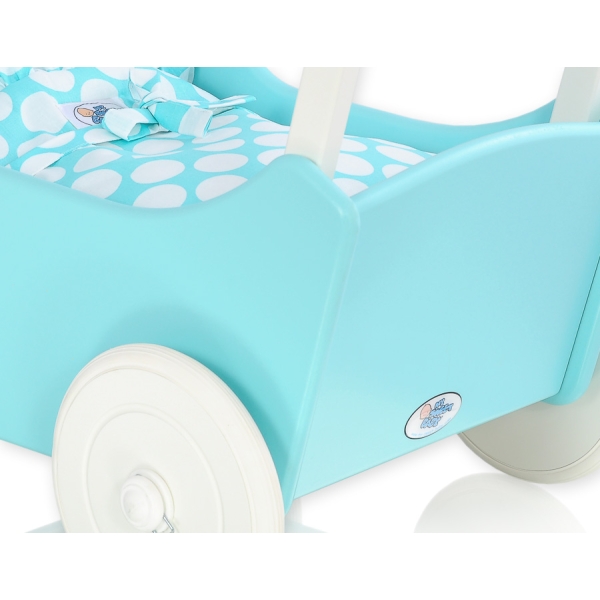 Houten Poppenwagen met Dekentje Wit Turkoois