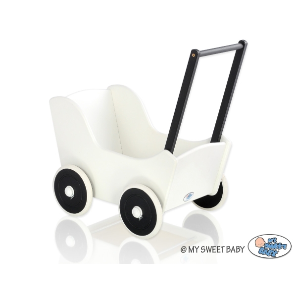 Houten Poppenwagen met Dekentje Wit Zwart