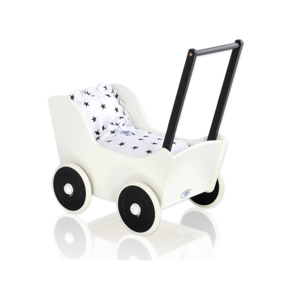 Houten Poppenwagen met Dekentje Wit Zwart