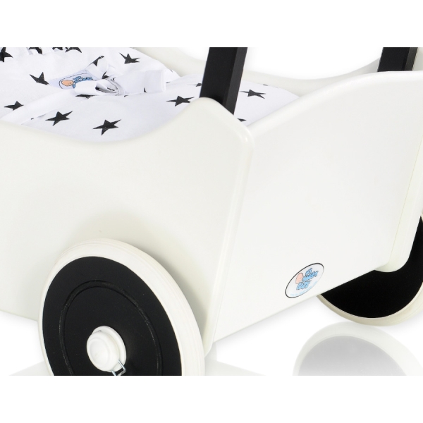 Houten Poppenwagen met Dekentje Wit Zwart