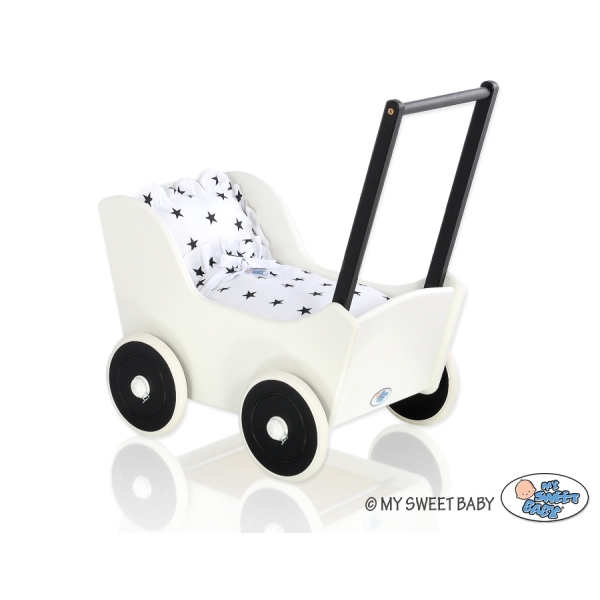 Houten Poppenwagen met Dekentje Wit Zwart
