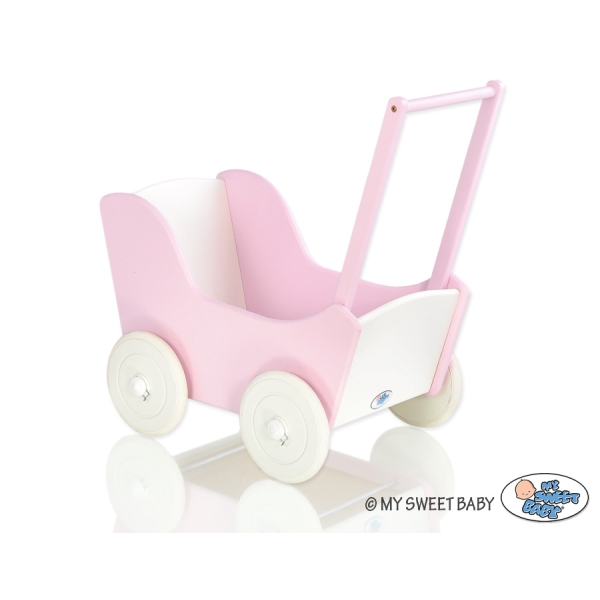 Houten Poppenwagen Roze Wit