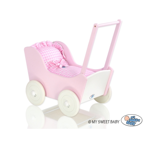 Houten Poppenwagen Roze Wit