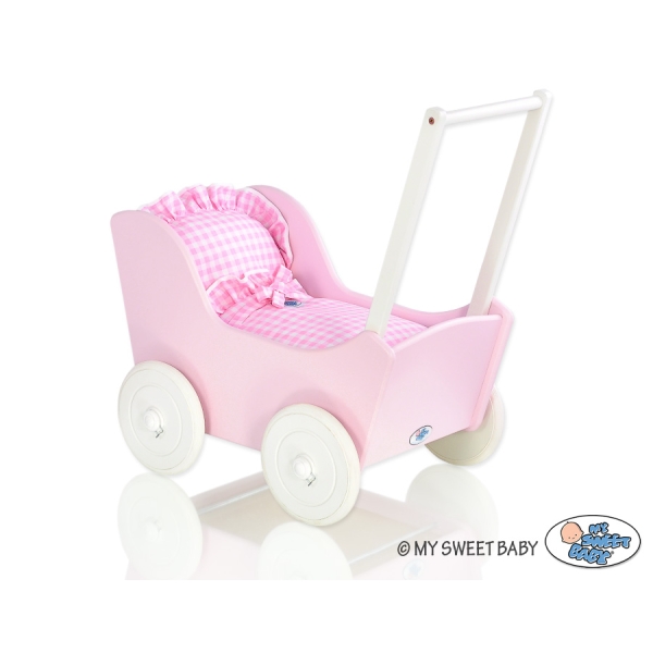 Houten Poppenwagen Roze Wit