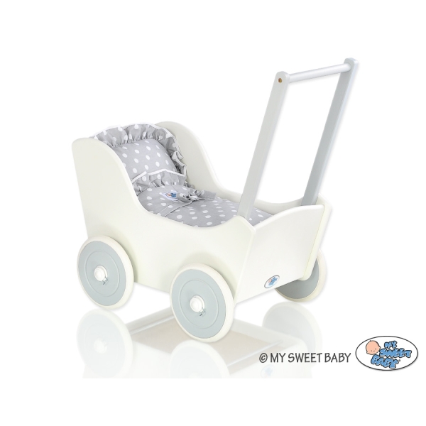 Houten Poppenwagen Wit Grijs Polkaprikker