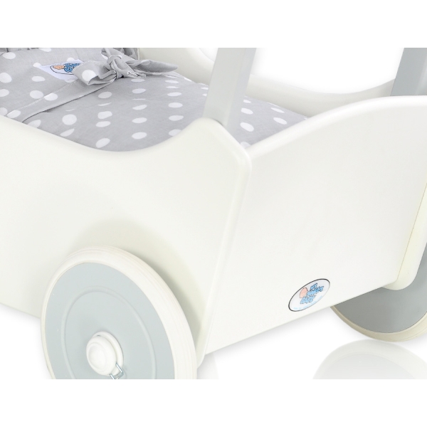 Houten Poppenwagen Wit Grijs Polkaprikker