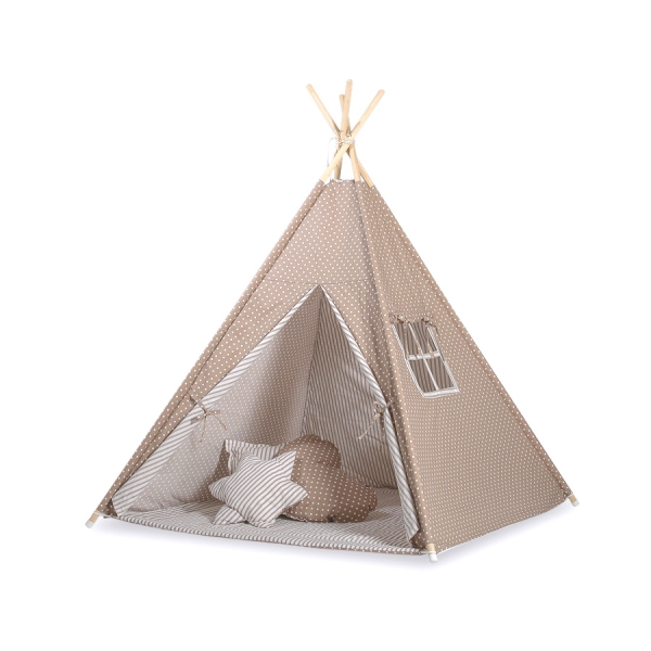 MINI TIPI SET: Tipi-tent + speelmat + GRATIS decoratieve veren Bruin Beige Polkaprikker