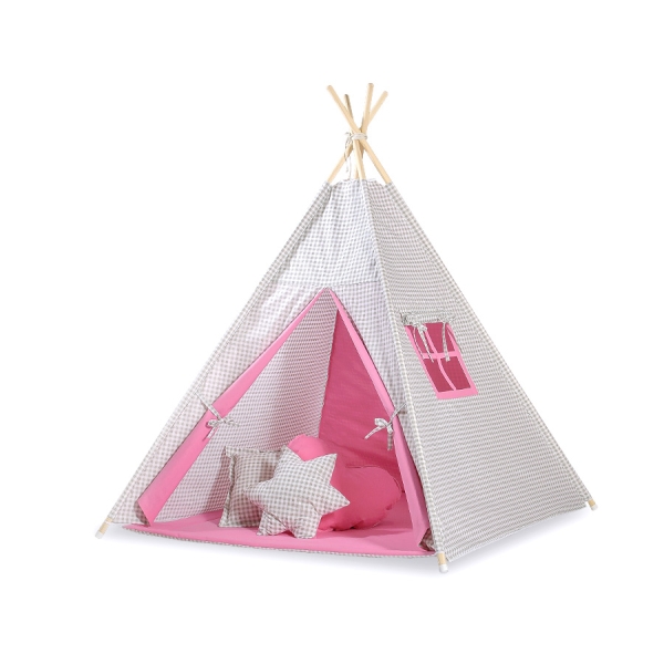 MINI TIPI SET: Tipi-tent + speelmat + GRATIS decoratieve veren Roze Grijs Geruit