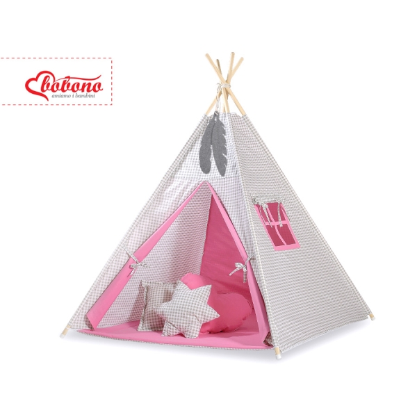 MINI TIPI SET: Tipi-tent + speelmat + GRATIS decoratieve veren Roze Grijs Geruit