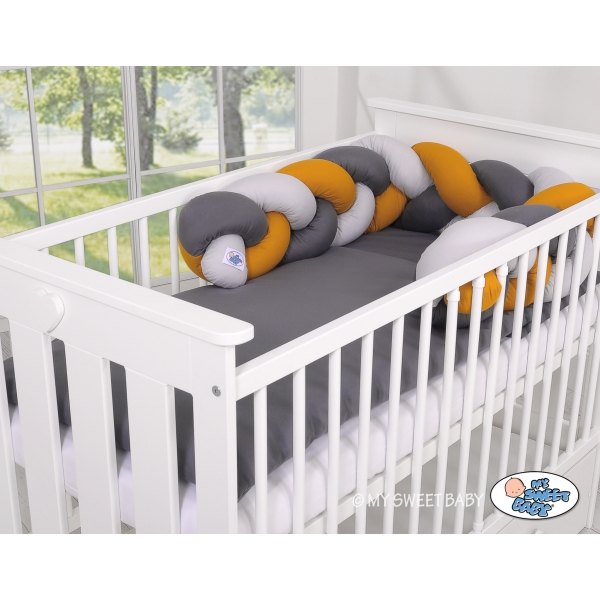 My Sweet Baby Gevlochten Bedbumper voor Babybed 180 cm Grijs Antraciet Honing Mosterd
