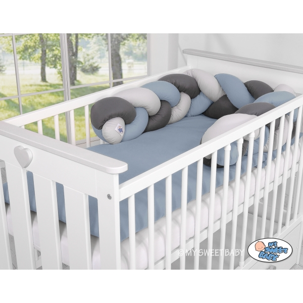 My Sweet Baby Gevlochten Bedbumper voor Babybed 180 cm Grijs Antraciet Pastelblauw
